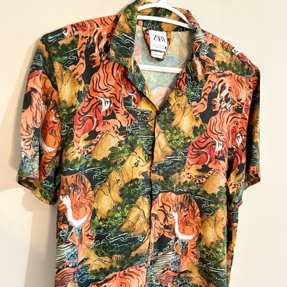 Zara Vibrant Tiger Print Casual Short Sleeve Button Down Shirt - Picture 7 of 16